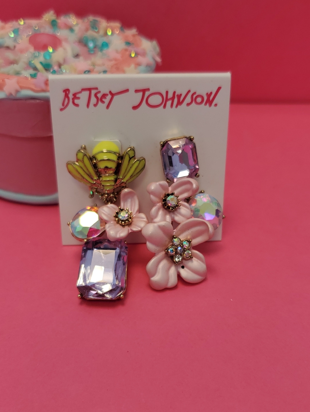 Betsey Johnson Pink Flower & Bee Mixed-Stone Drop Earrings